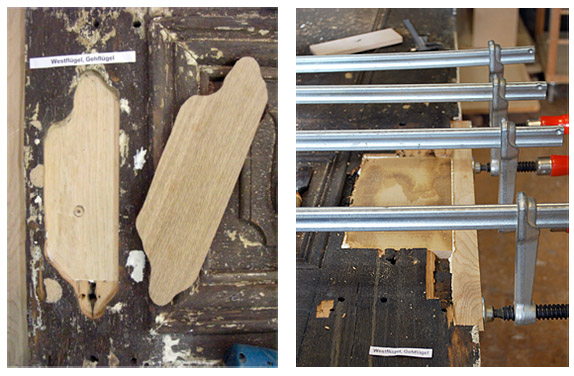 Reparaturen im Schlossbereich. Auch hier wird eng begrenzt auf den Schadensbereich saniert Materialersatz an einer unteren Rahmenecke. Pilzzerstörtes Holz wird ausgetauscht.